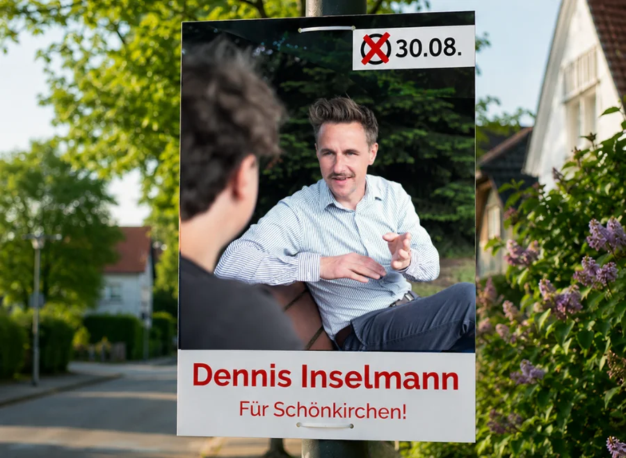 Wahlplakat von Dennis Inselmann für die Bürgermeisterwahl in Schönkirchen, gedruckt von Happy Print