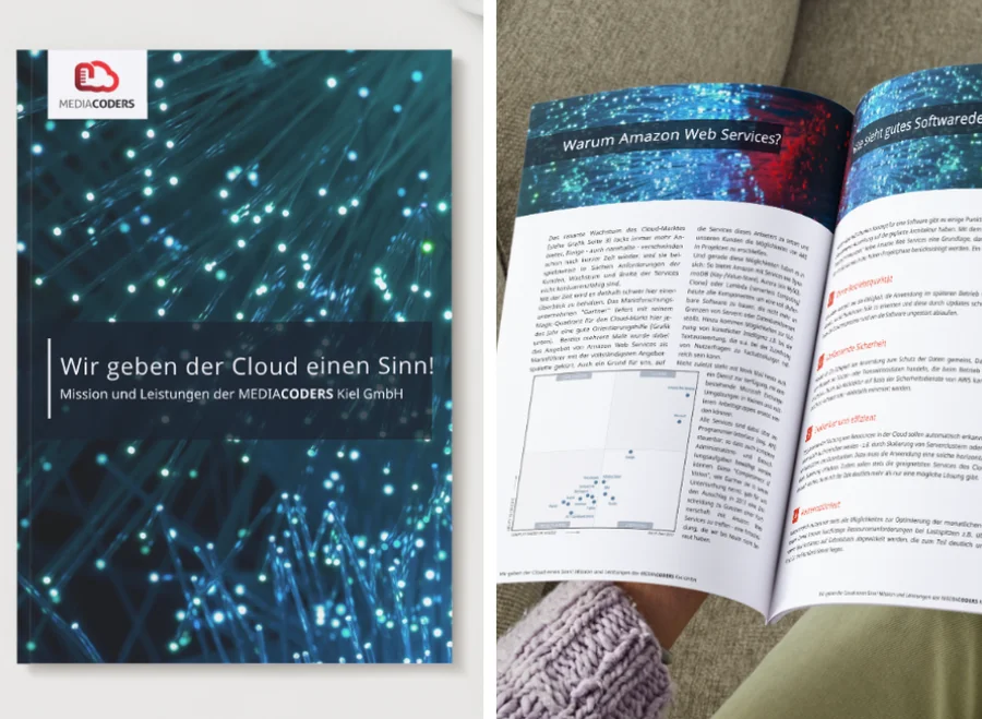 Aufgeschlagenes Infomagazin „Wir geben der Cloud einen Sinn“ von MEDIACODERS, gedruckt von Happy Print